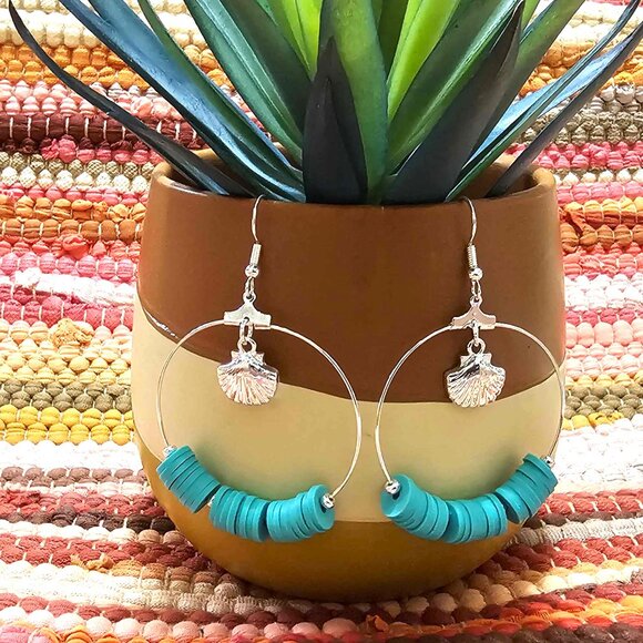 Earrings. Silver Hoops. Seashells. Turquoise Beaded. Pierced. NWT. - Picture 9 of 9